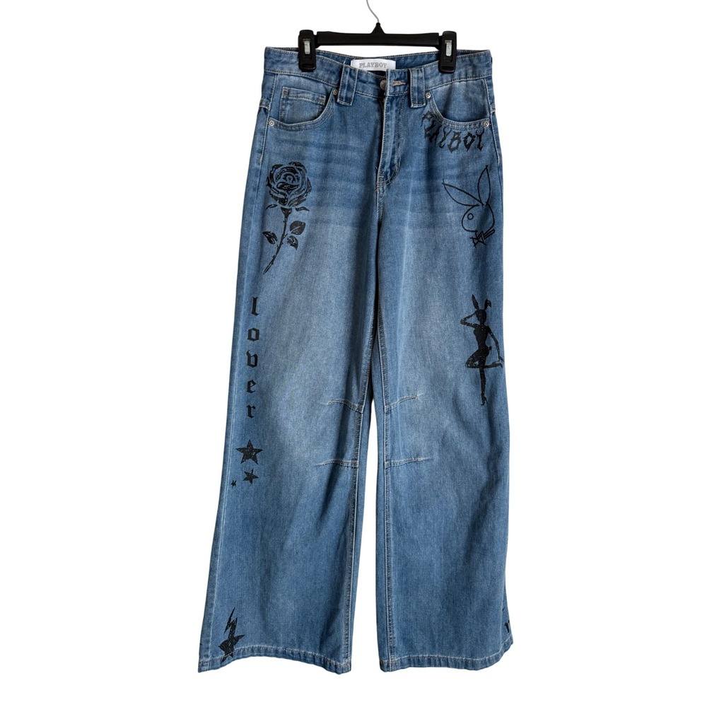 NWT Playboy Jeans Women's Wide Leg Sz5 Denim Light Wash Graphic Print Y2K Trendy
